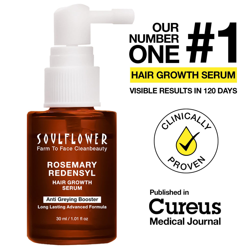 Soulflower rosemary serum dispenser for precise scalp application.