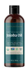 SOULSATION Organic Jojoba Oil bottle showcasing purity and versatile use for skin and hair