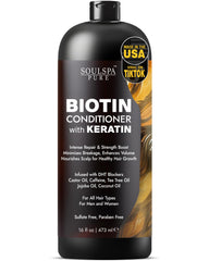 SOULSPA PURE Biotin Conditioner with Keratin bottle for strong, nourished hair.