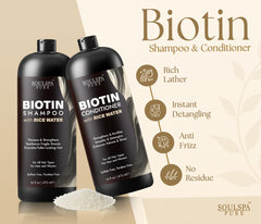 SOULSPA PURE Biotin Rice Water Conditioner bottle adds lightweight volume and moisture.