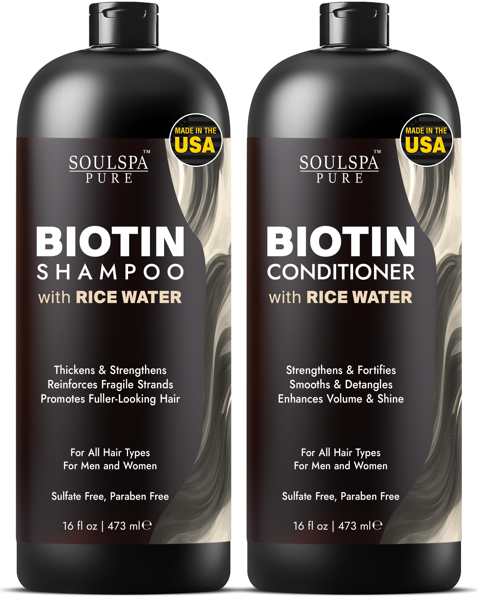 SOULSPA PURE Biotin Rice Water Shampoo bottle for daily strengthening of fine hair.