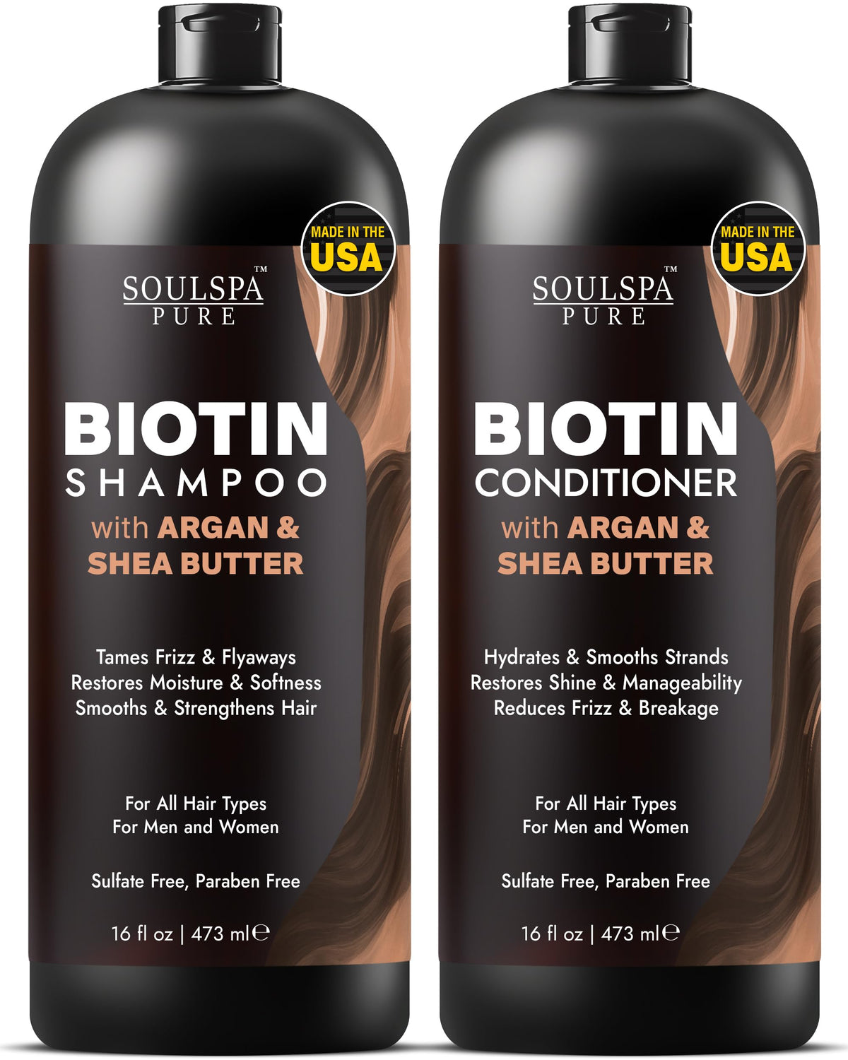 SOULSPA PURE Biotin Shampoo bottle delivers hydration and shine.