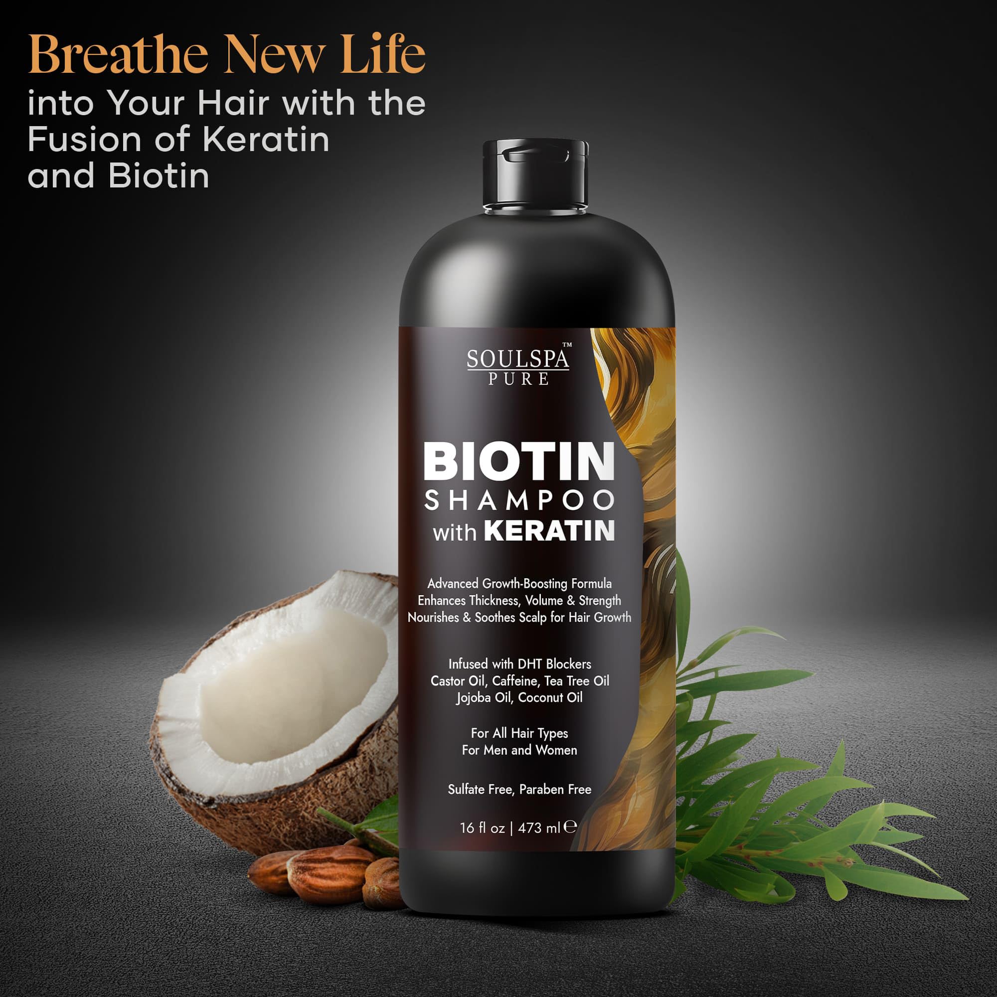 SOULSPA PURE Biotin Shampoo on shiny hair strands after wash