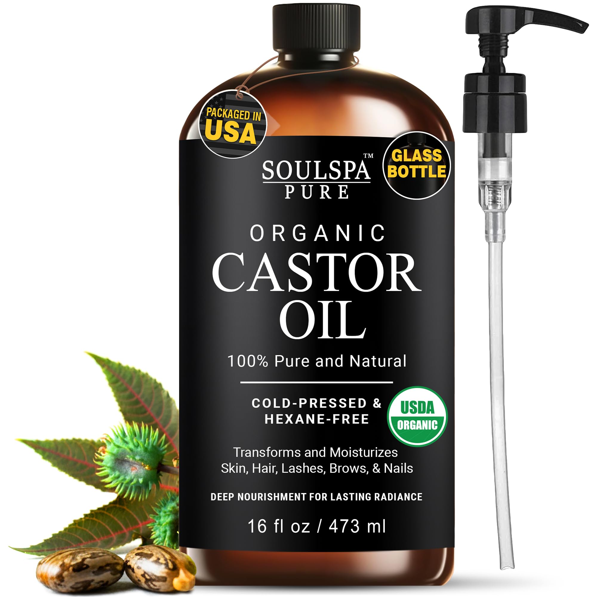 SoulSpa Pure castor oil bottle, amber glass, for easy dispensing