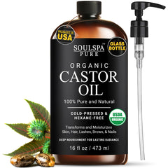 SoulSpa Pure castor oil bottle, amber glass, for easy dispensing