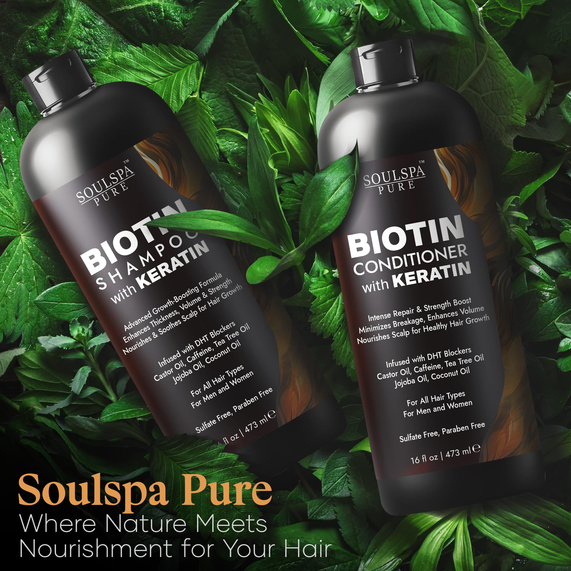 SOULSPA PURE DHT blockers ingredient graphic implies scalp health focus.