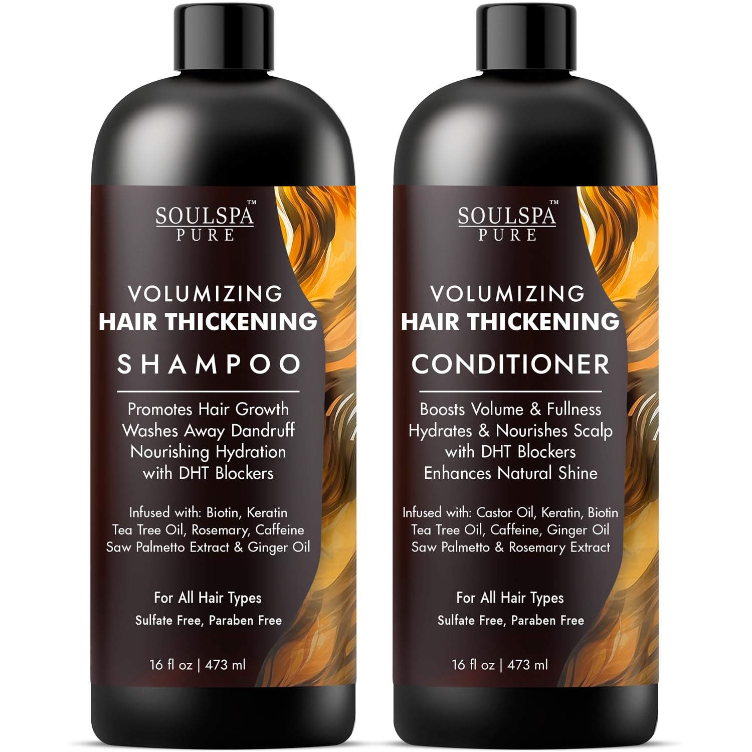 SOULSPA PURE Hair Thickening Shampoo bottle showing volumizing formula for a thicker look