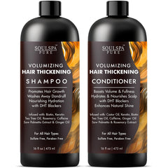 SOULSPA PURE Hair Thickening Shampoo bottle showing volumizing formula for a thicker look