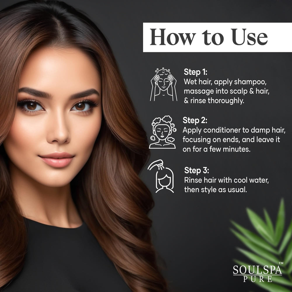 SOULSPA PURE Keratin Conditioner close-up highlights glossy, manageable hair after use.