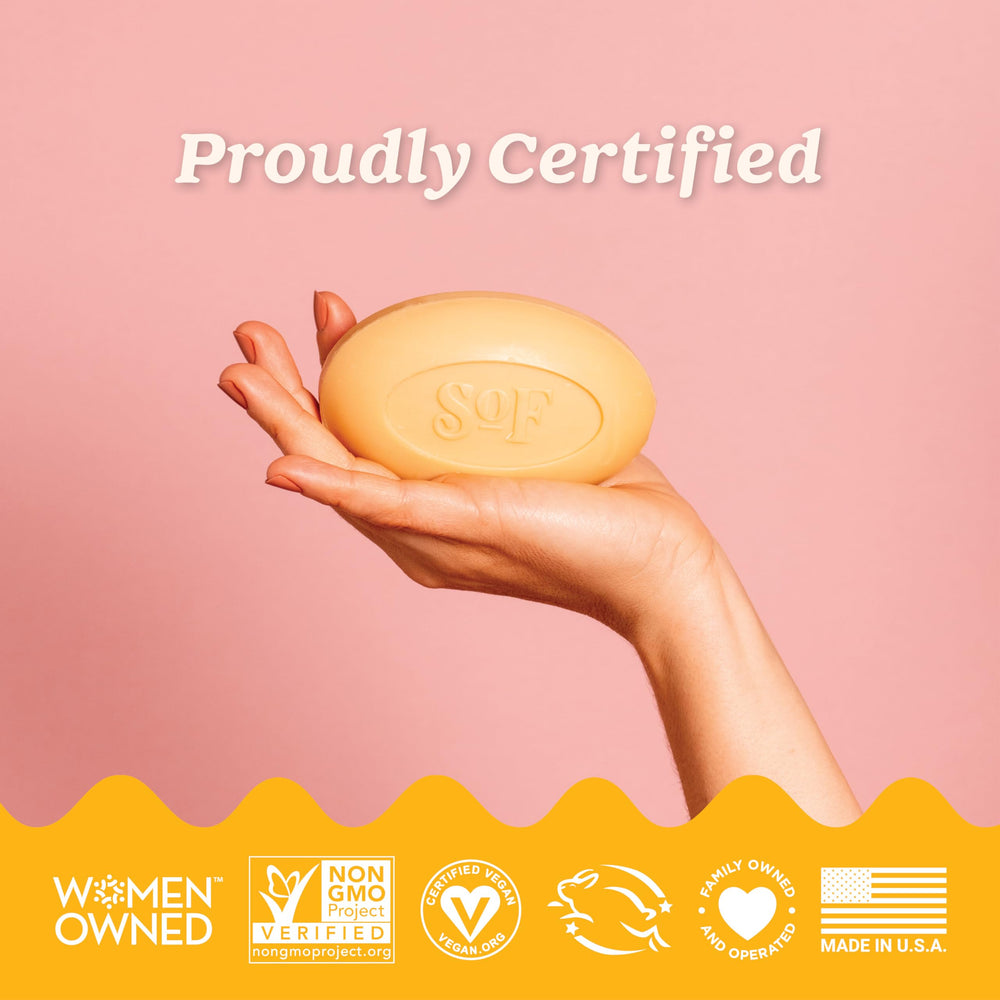 Made in USA badge on SoF Lemon Verbena soap packaging.