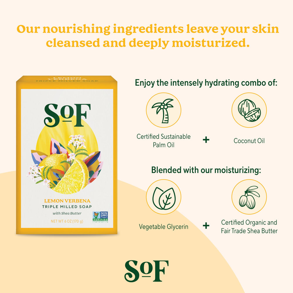 Organic shea butter emblem and vegan label on SoF packaging.