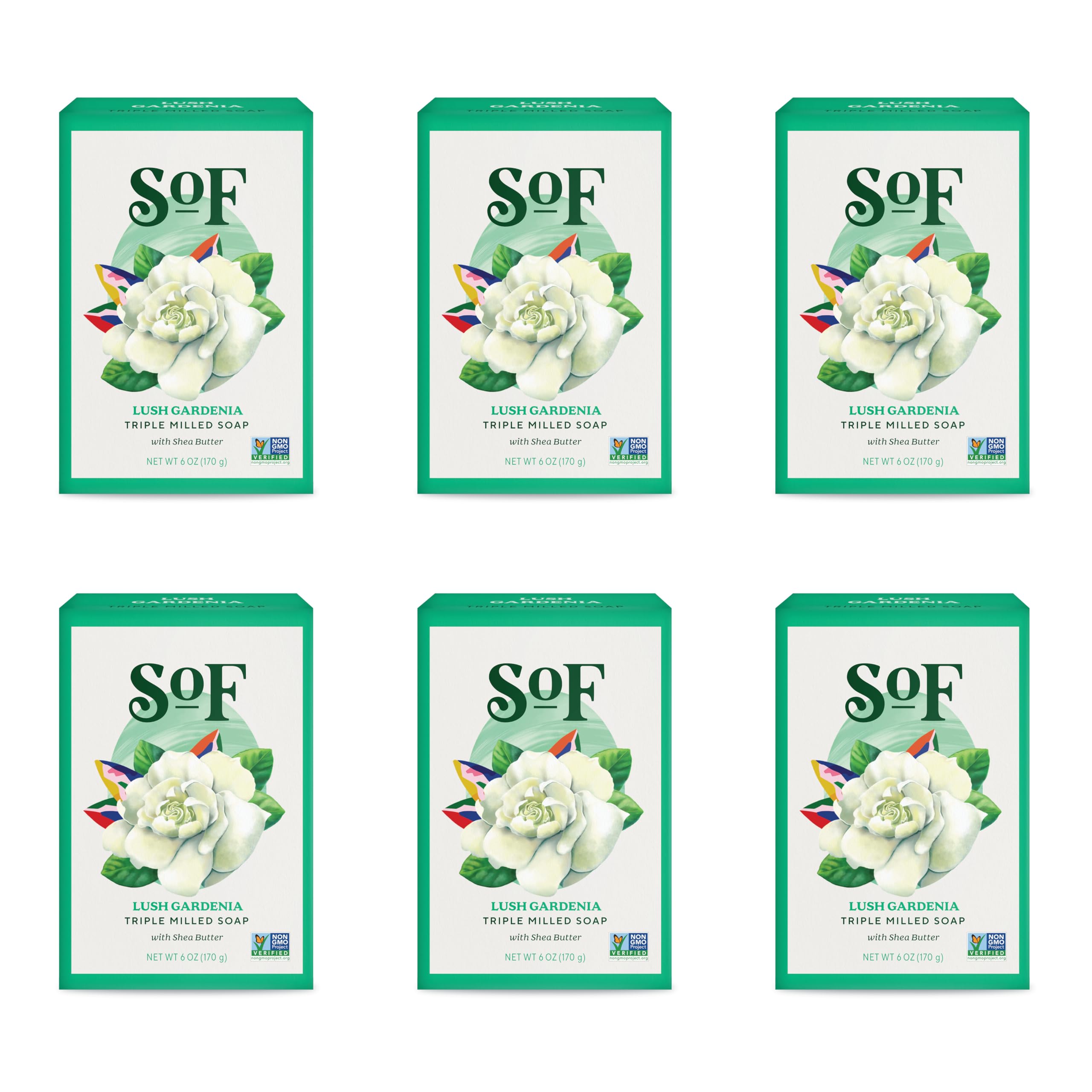 South Of France SoF Gardenia bar soap packaging highlights vegan formula and premium ingredients.