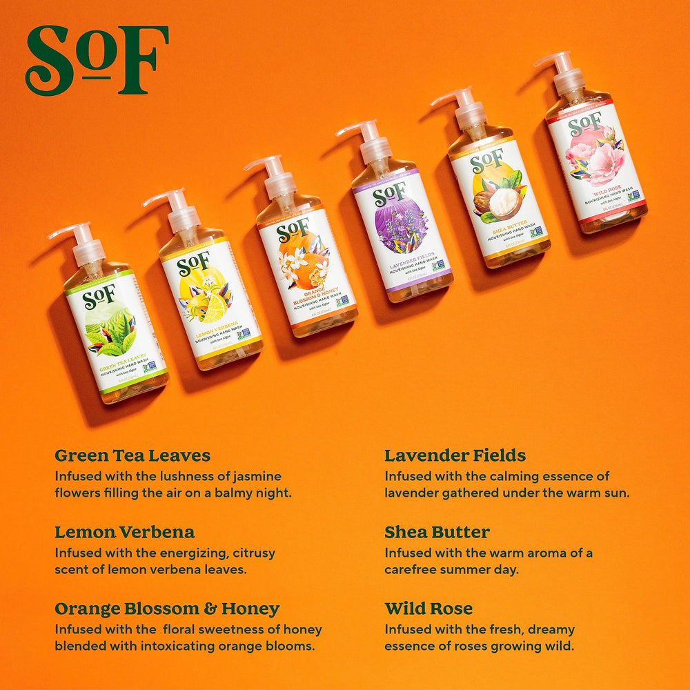 SoF Nourishing Hand Wash icon set indicates vegan and cruelty-free formulation.