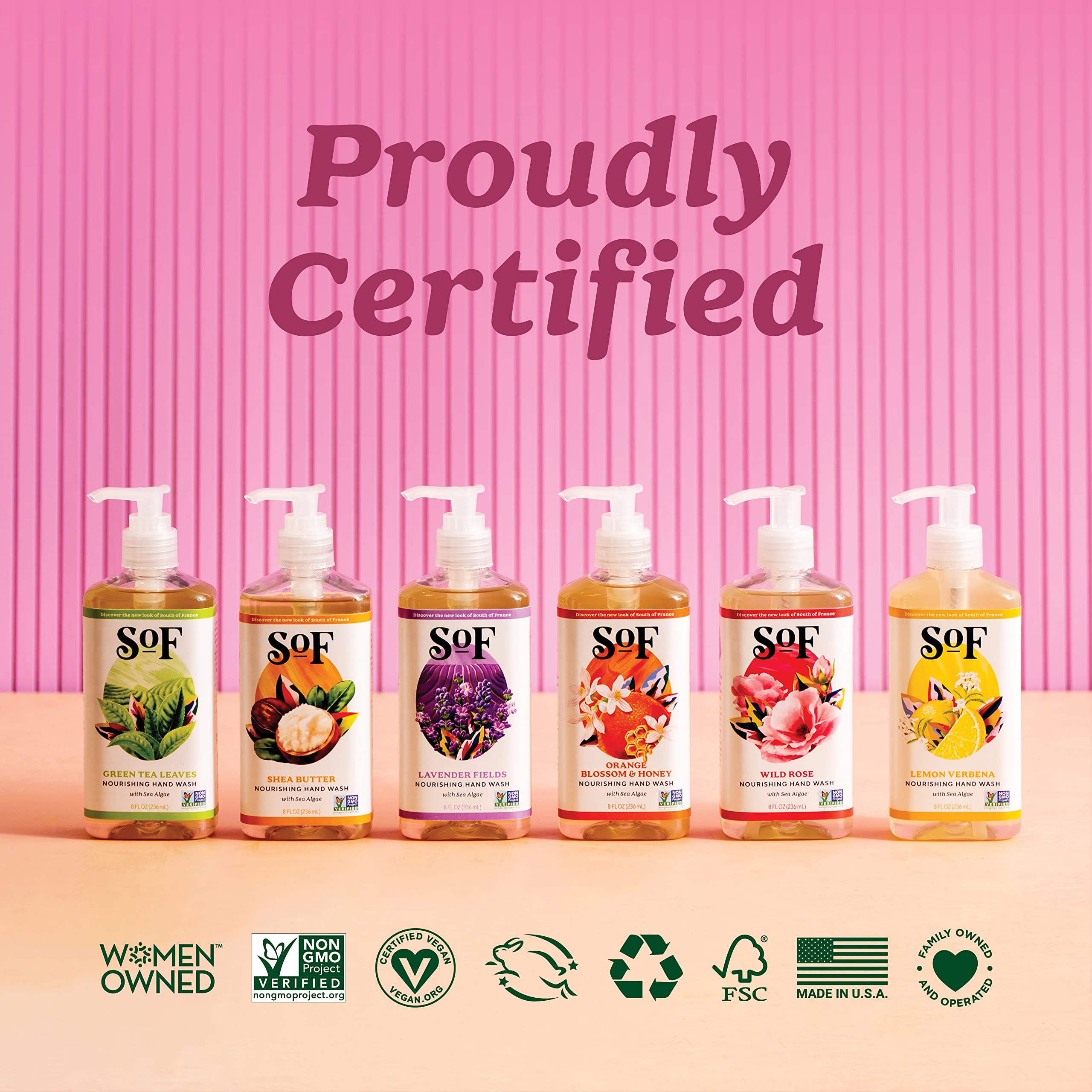 SoF Nourishing Hand Wash note of women-owned business and American production.