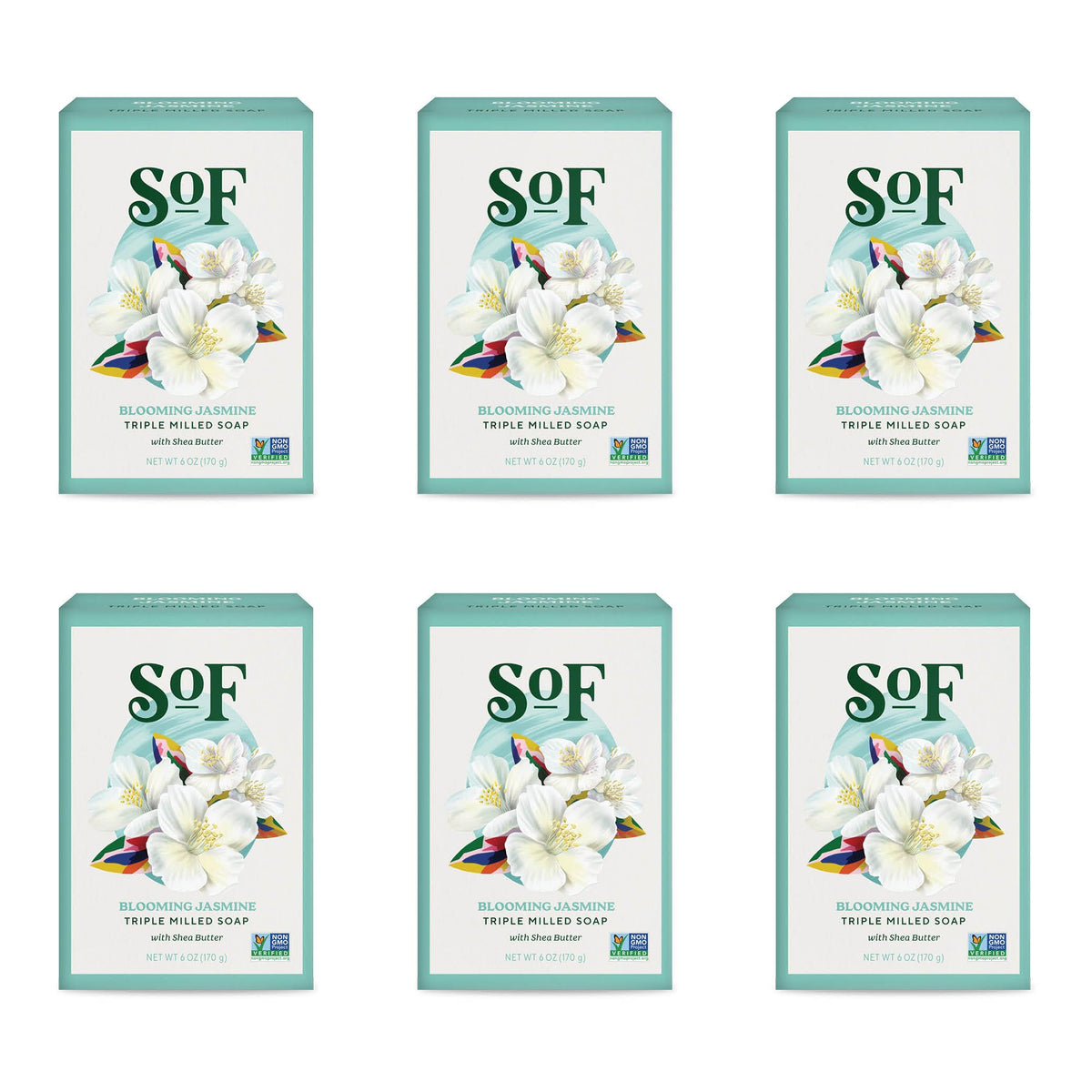 SoF Blooming Jasmine bar soap shows premium triple milled craftsmanship for a luxurious cleanse.