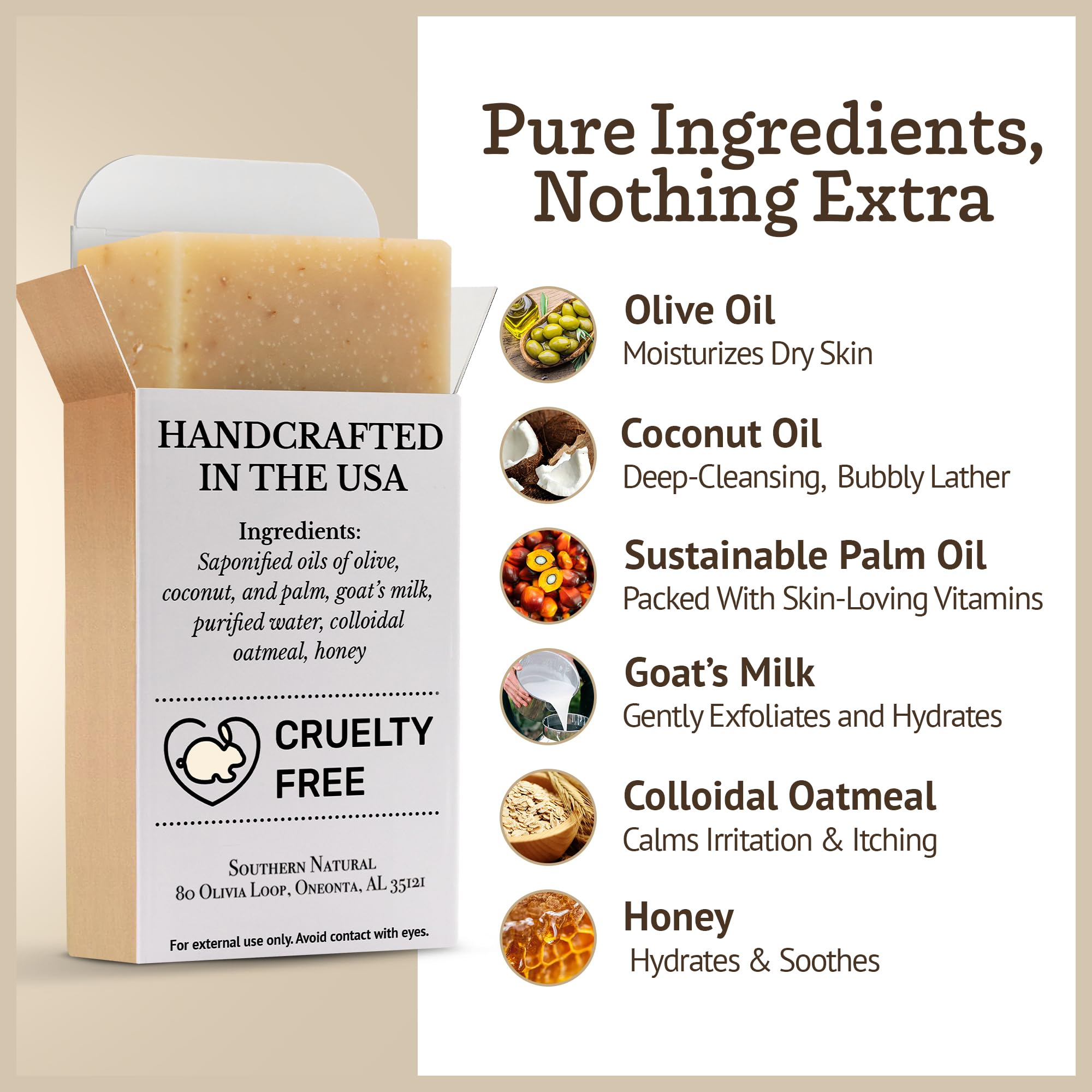 Southern Natural colloidal oatmeal honey soap shows visible oats, gentle daily nourishing cleanse.