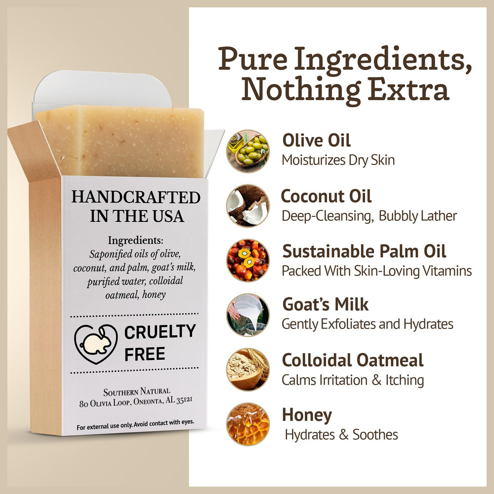 Southern Natural colloidal oatmeal honey soap shows visible oats, gentle daily nourishing cleanse.