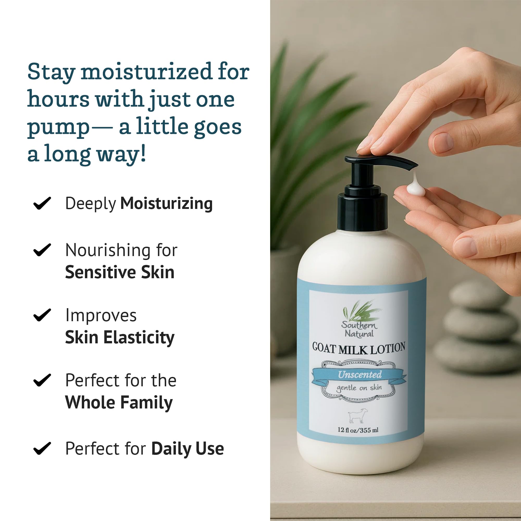 Body moisturizer in use, delivering broad hydration with goat milk blend.
