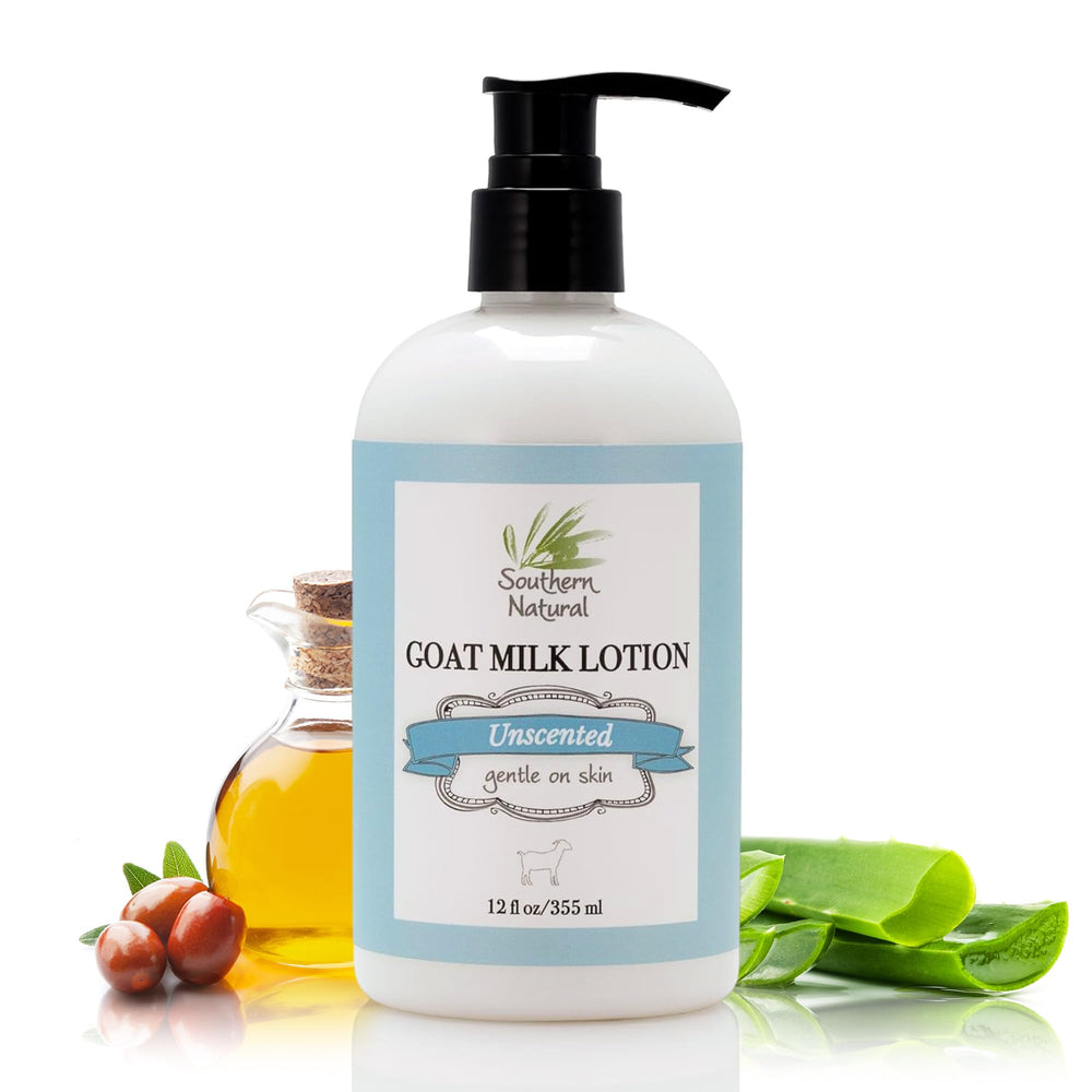 Southern Natural Goat Milk Lotion bottle shows unscented, hydrating formula for sensitive skin.