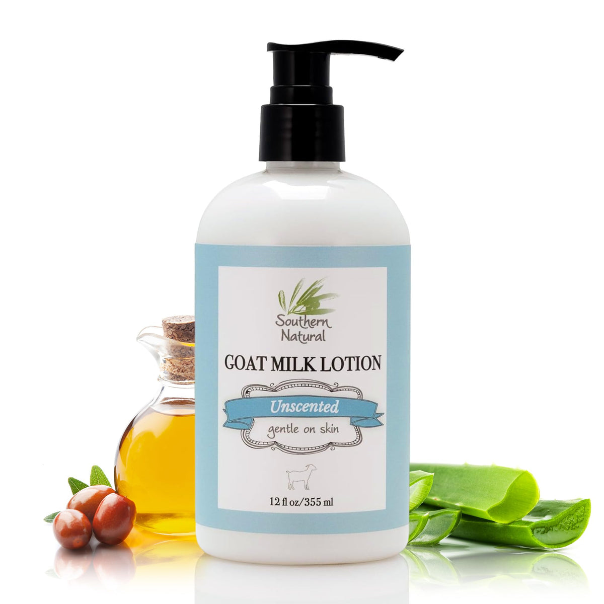 Southern Natural Goat Milk Lotion bottle shows unscented, hydrating formula for sensitive skin.