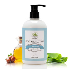 Southern Natural Goat Milk Lotion bottle shows unscented, hydrating formula for sensitive skin.