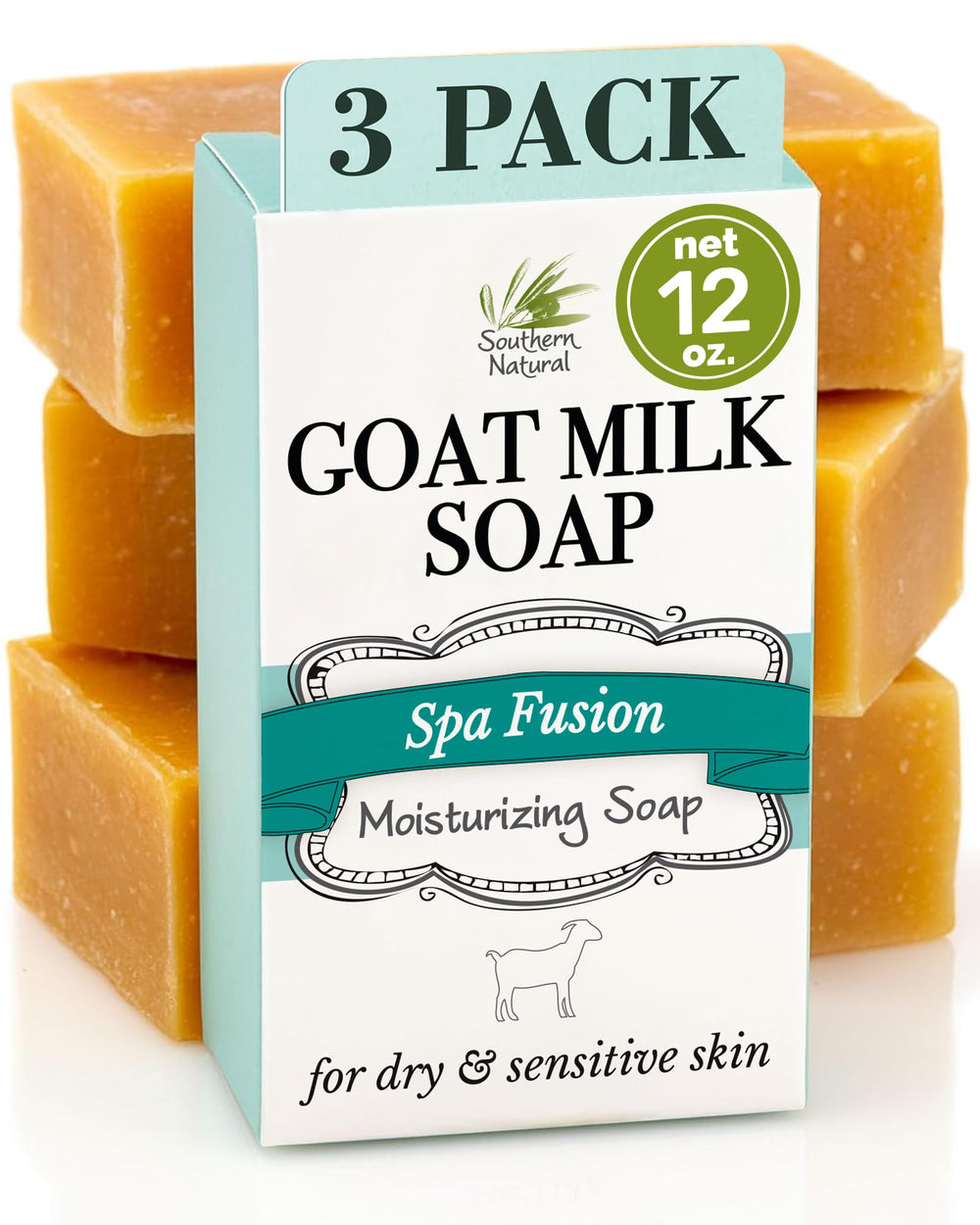 Southern Natural Goat Milk Soap Bar 3-Pack front label, gentle cleanse for dry skin.
