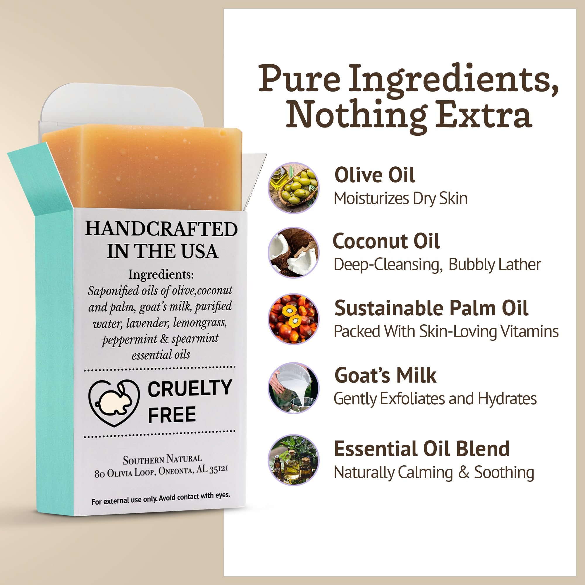Southern Natural Goat Milk Soap 3-Pack ingredients highlight oil blend for nourished skin.