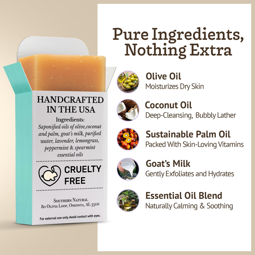 Southern Natural Goat Milk Soap 3-Pack ingredients highlight oil blend for nourished skin.