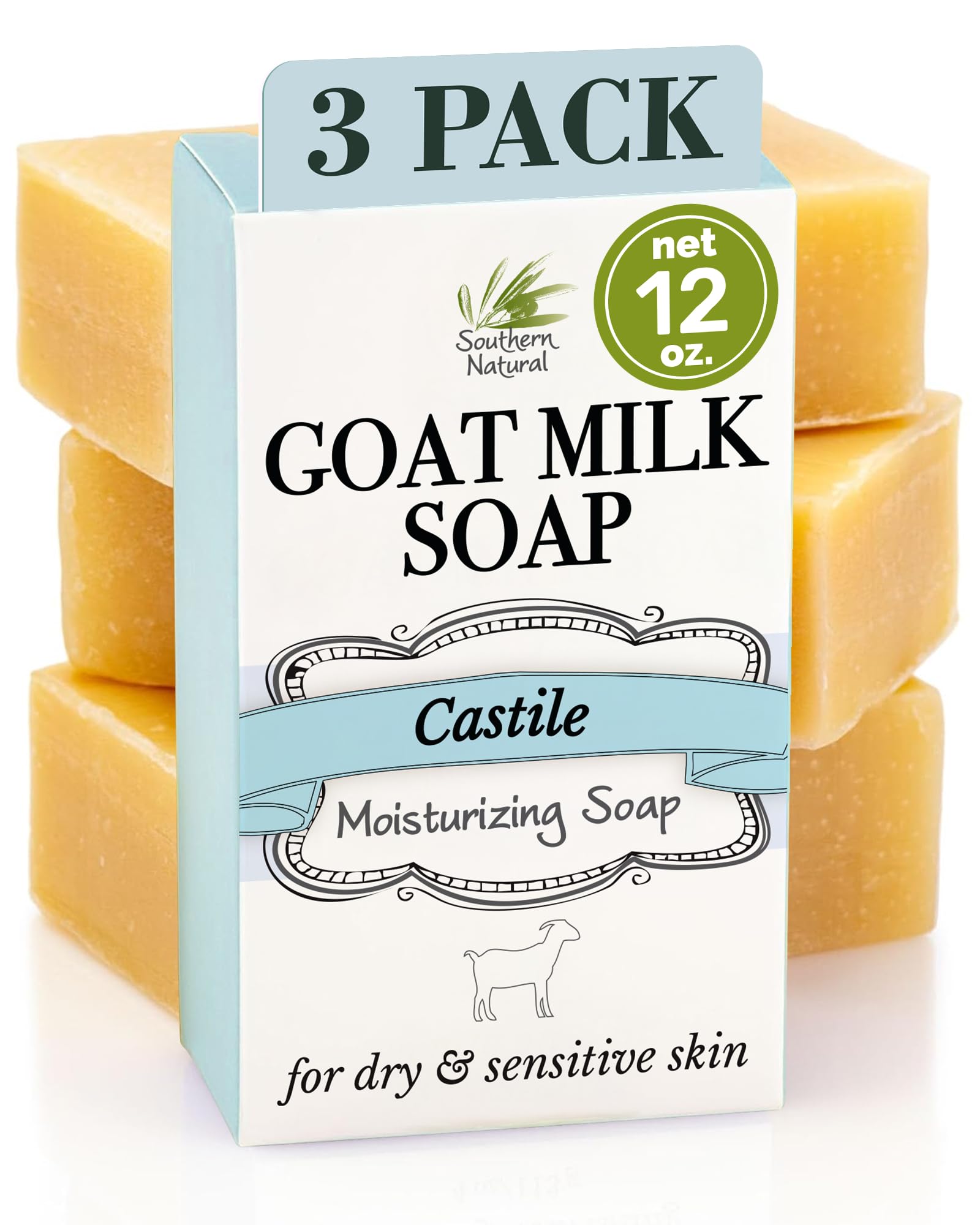 Southern Natural Goat Milk Soap Bar Castile 3-Pack unscented closeup, creamy lather