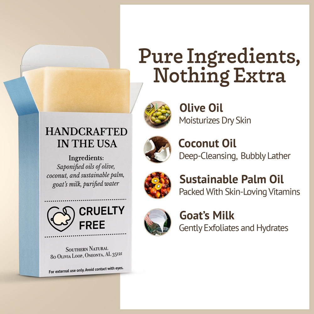 Southern Natural goat milk soap bar cut view reveals solid, long-lasting bar.