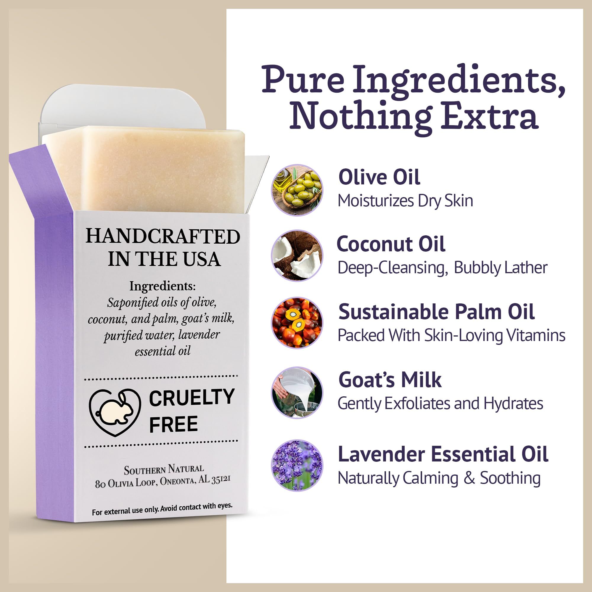 Southern Natural Goat Milk Soap lather bubbles supports smooth cleansing on face and body