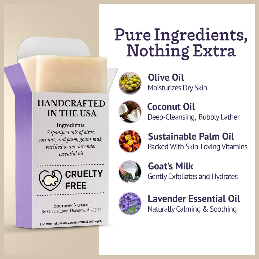 Southern Natural Goat Milk Soap lather bubbles supports smooth cleansing on face and body