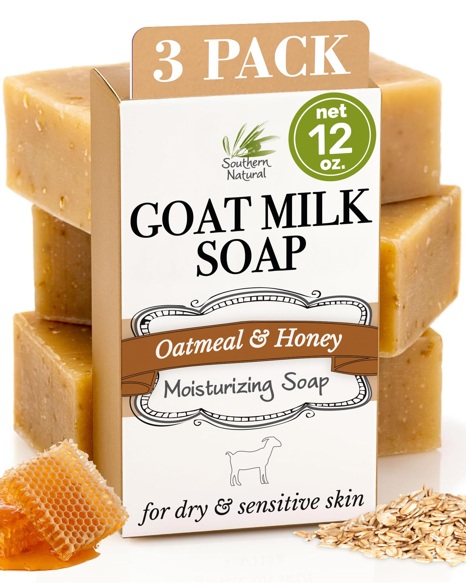 Southern Natural oatmeal soap bar 3-pack on wood, fragrance-free cleansing for sensitive skin.