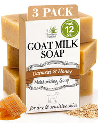 Southern Natural oatmeal soap bar 3-pack on wood, fragrance-free cleansing for sensitive skin.