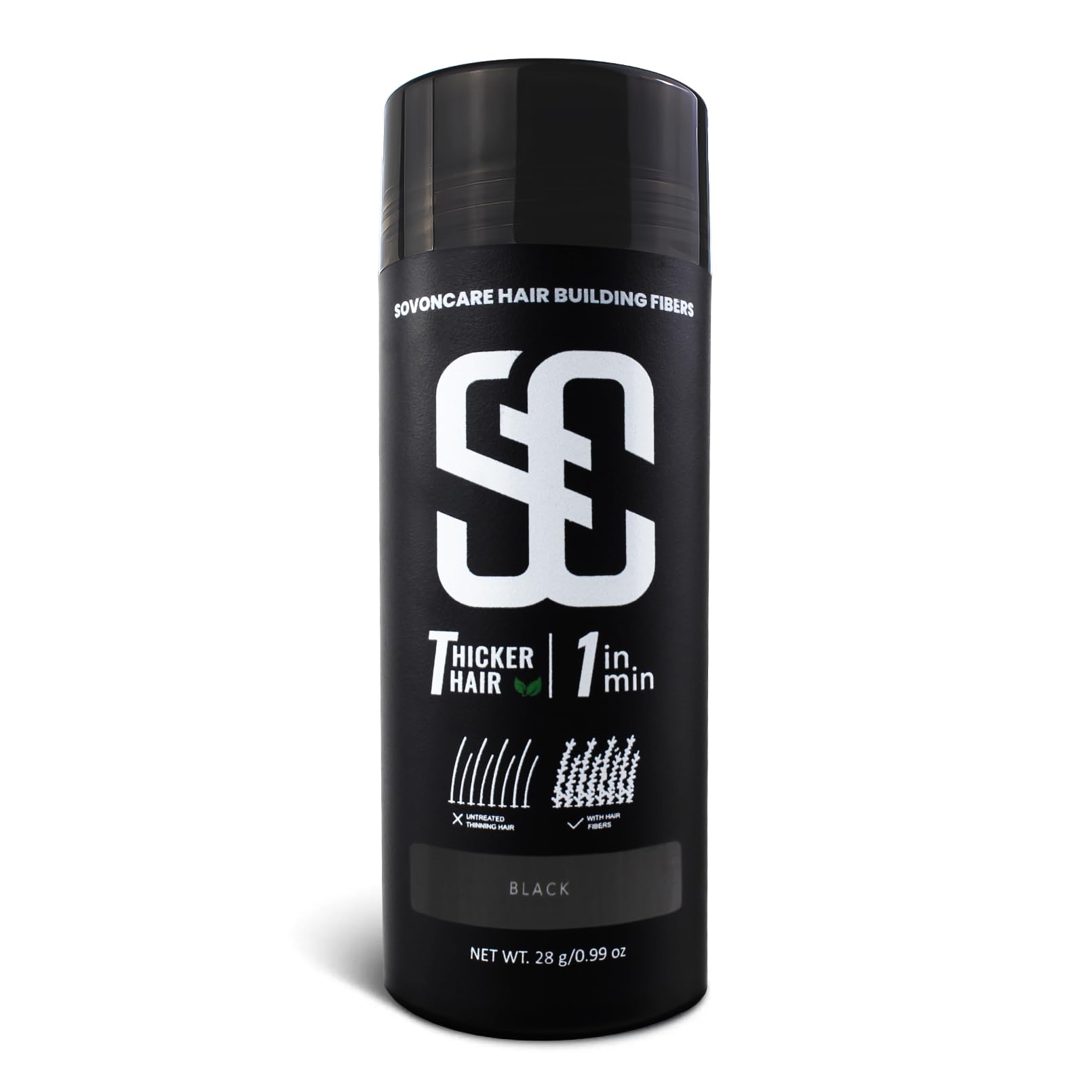 SOVONCARE hair fibers on thinning area for natural-looking fullness.