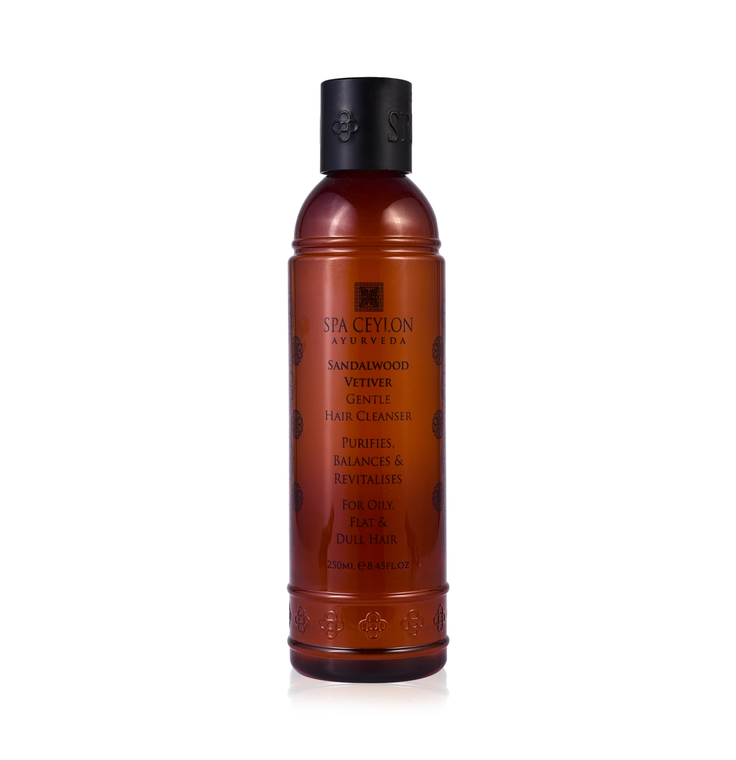 SPA CEYLON Sandalwood Vetiver Gentle Cleanser bottle pour promotes balanced scalp and gentle shine.
