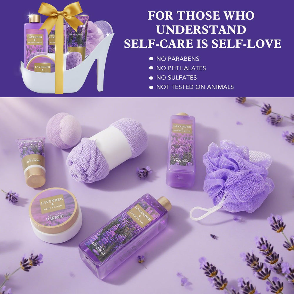 Spa Luxetique lavender bubble bath for a soothing soak.
