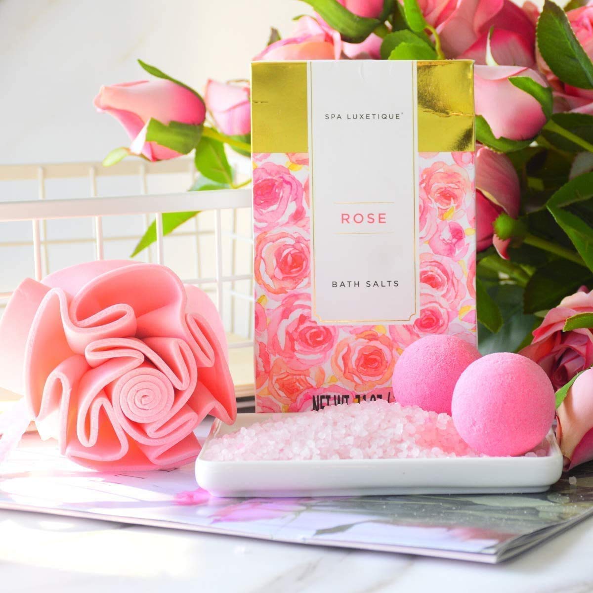 Spa Luxetique rose gift set bath brush for exfoliating routine