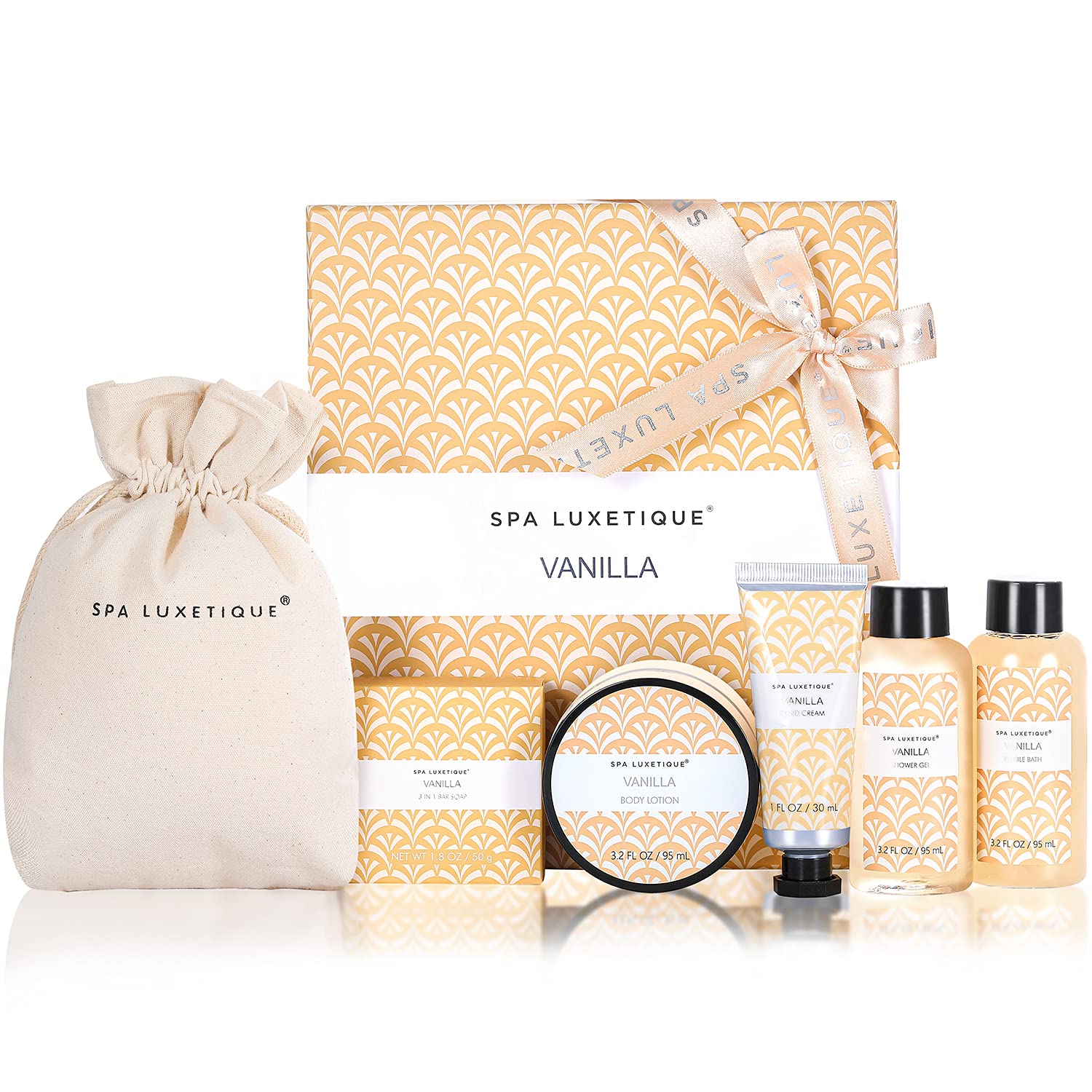 Spa Luxetique vanilla bath set bar soap close-up for cleansing and soothing aroma.