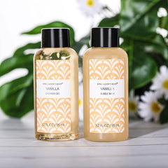 Spa Luxetique vanilla bath set body lotion with silky feel for dry skin care.