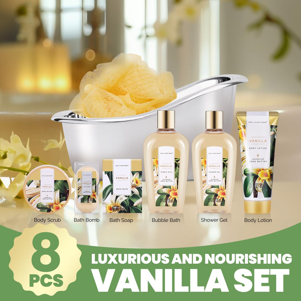 Spa Luxetique vanilla bubble bath for rich lather and soothing aroma.