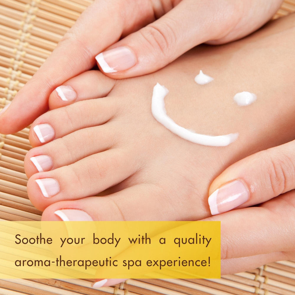 SPA REDI cream mask being applied to feet and body for nourishing texture.