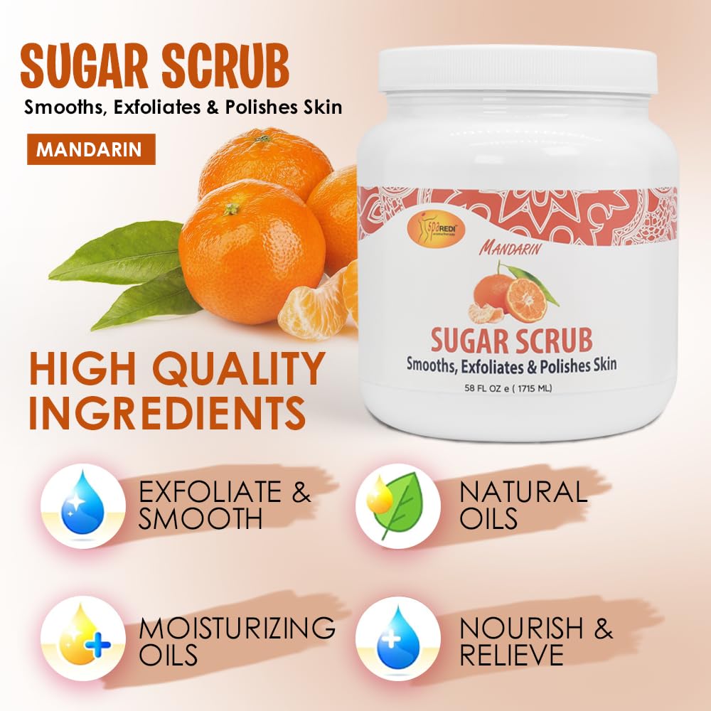 Jars stacked of SPA REDI Mandarin Sugar Scrub indicating 58 oz value
