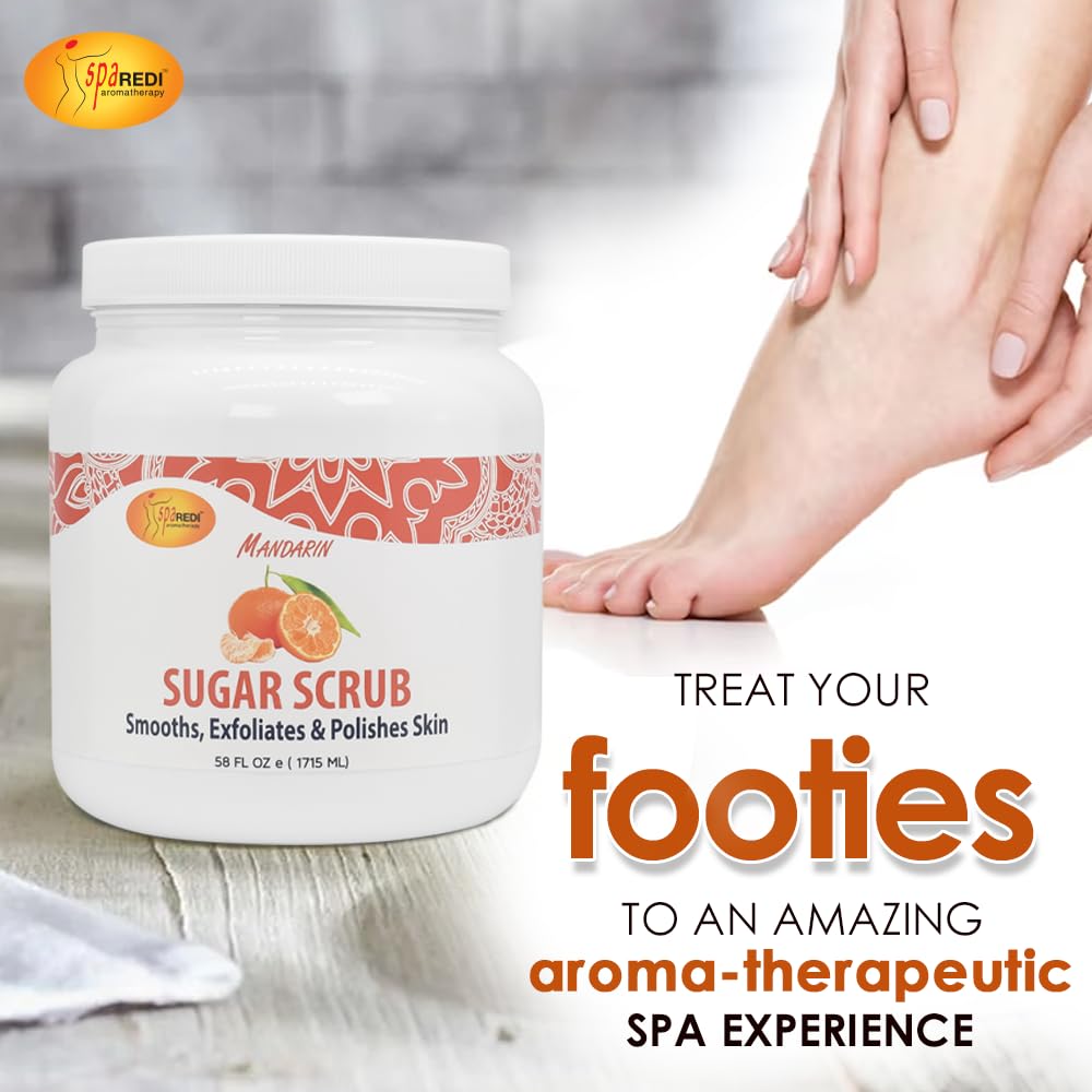 SPA REDI Mandarin Sugar Scrub label highlighting USA-made, family-friendly care