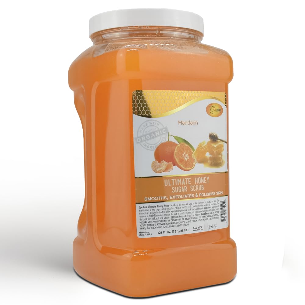SPA REDI Sugar Scrub Mandarin Honey jar demonstrates exfoliation for smooth, hydrated skin.