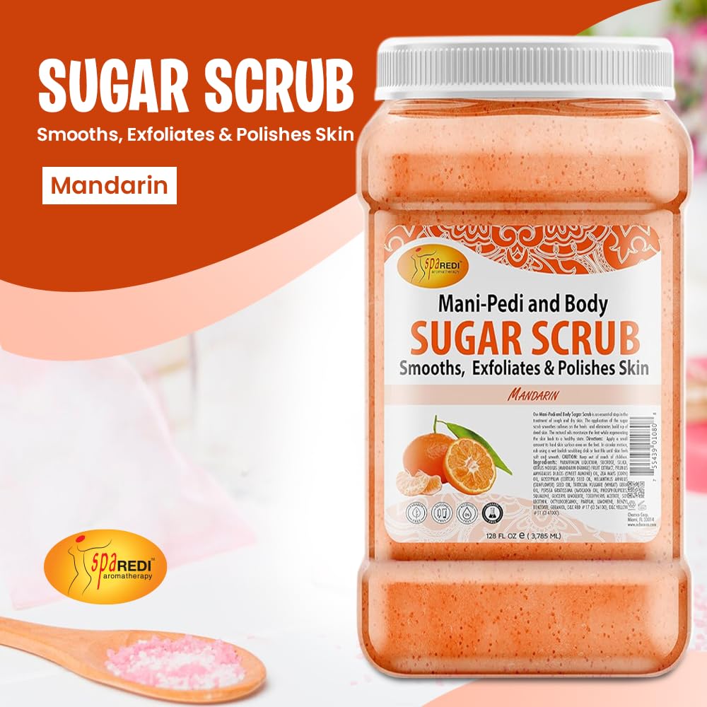 SPA REDI Mandarin scrub jar closeup shows grainy texture for gentle polish