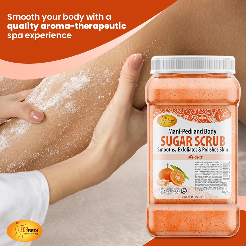 SPA REDI Mandarin scrub pour action illustrates easy application