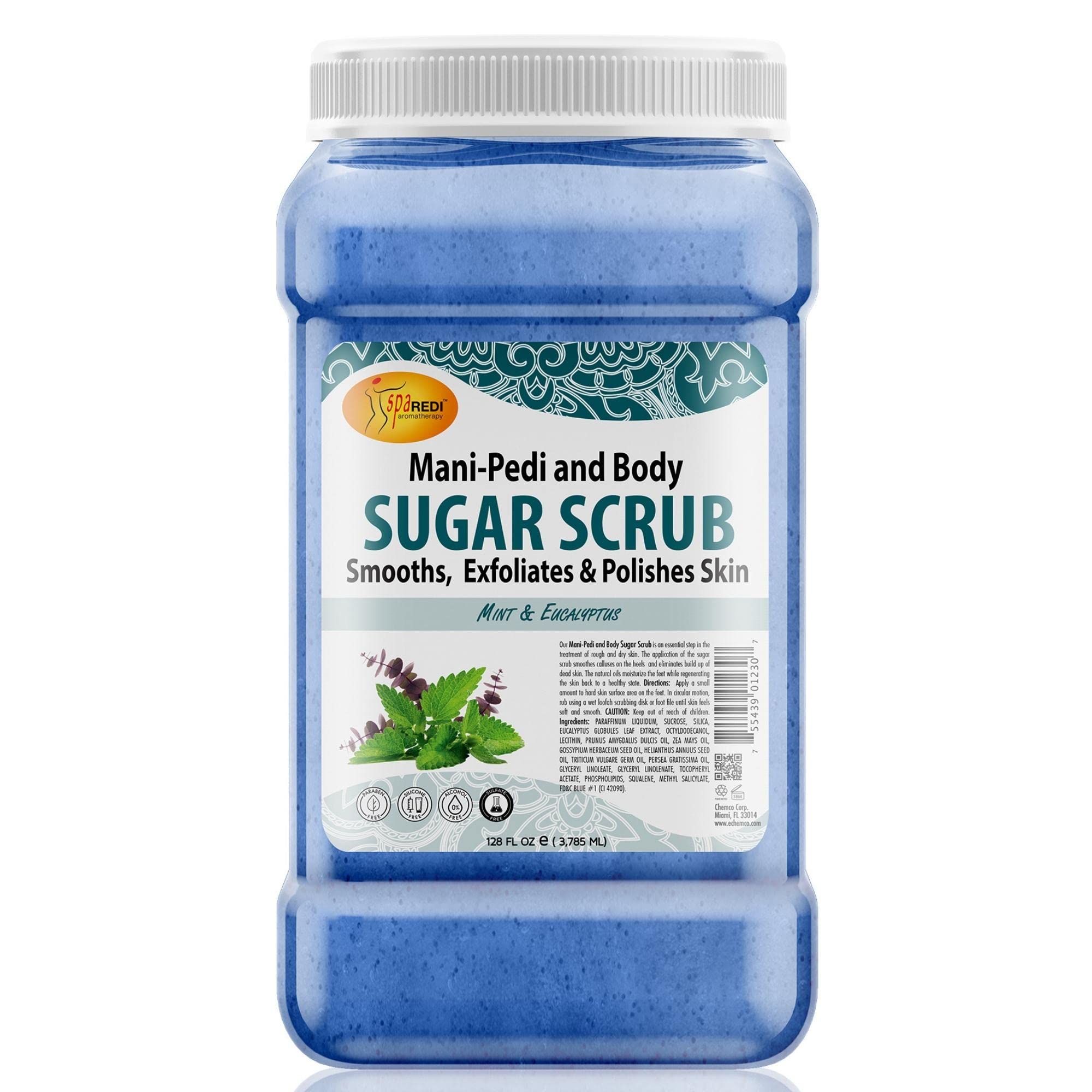 Close-up of SPA REDI sugar scrub texture showing exfoliating grains