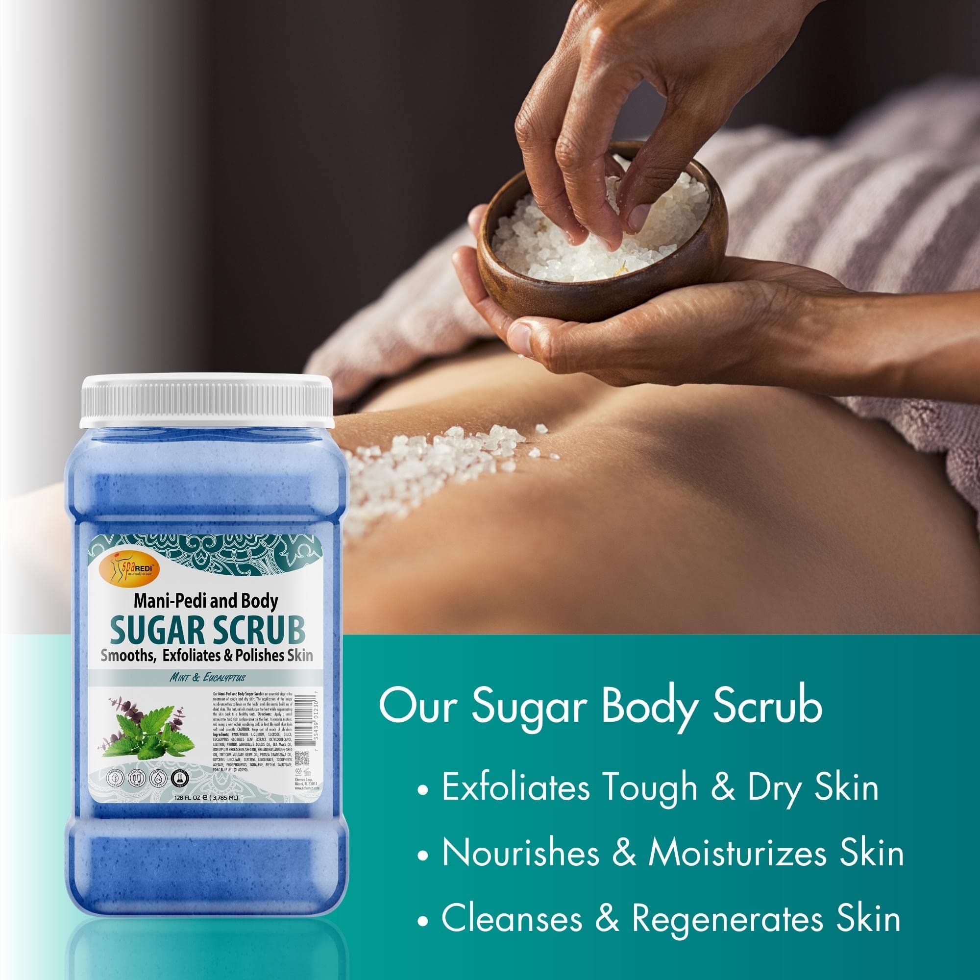 USA-made SPA REDI sugar scrub label emphasizing quality and origin