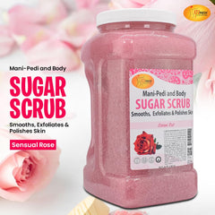 Pouring scrub into hand highlights sugar crystals for gentle exfoliation.